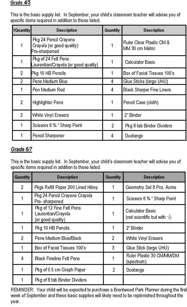 Supply Lists | Brentwood Park Elementary School